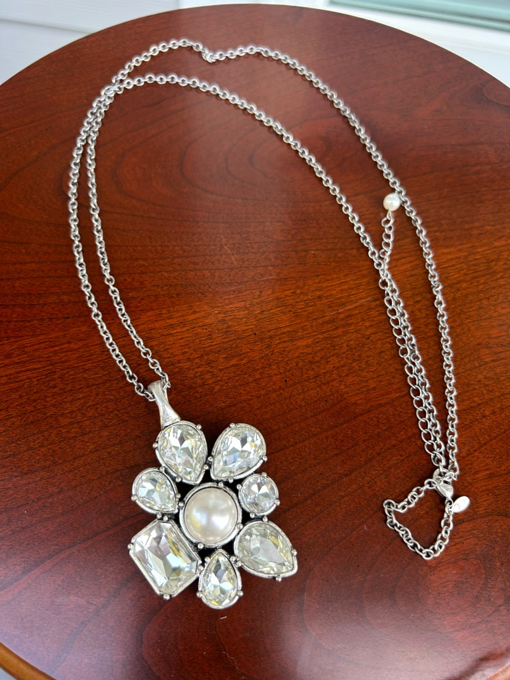 Silver-tone Pearl & Crystal Flower Pendant Necklace - White